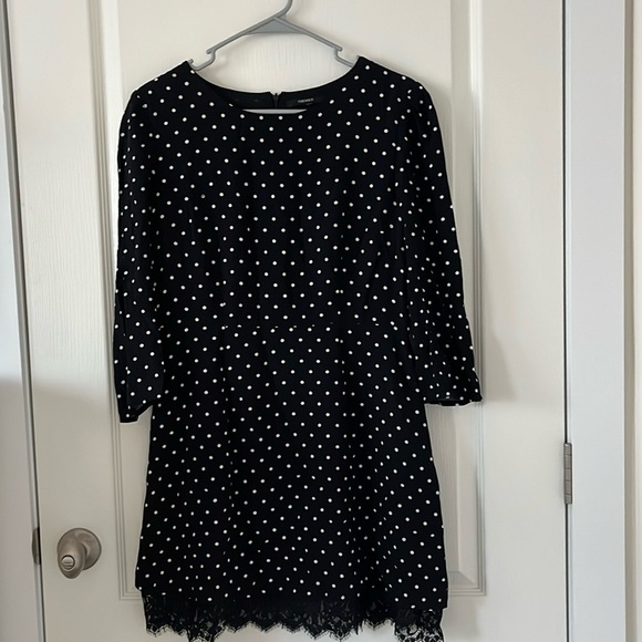 Forever 21 polka dot dress black white 3/4 sleeves lace hem detail M|L - Picture 2 of 11